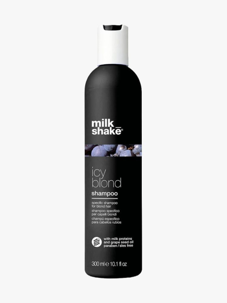 milk_shake Icy Blond Shampoo black bottle on light gray background